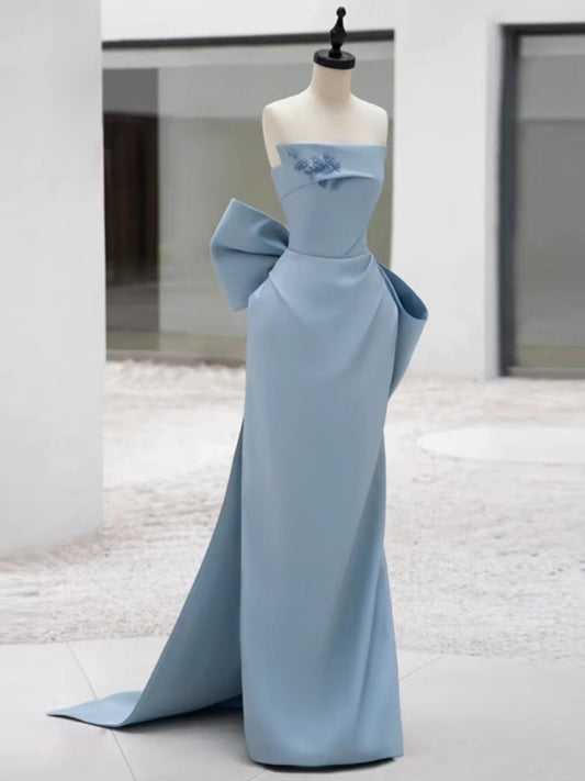 Pretty Sheath Strapless Blue Satin Long Prom Dress Evening Dresses With Bow C3252
