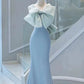 Pretty Mermaid Strapless Blue Satin Long Prom Dress Evening Dresses With Bow C3253