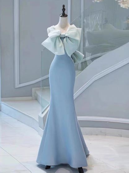 Elegant Mermaid Satin Blue Long Prom Dresses With Bow-knot Party Dress C3192