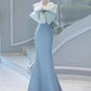 Pretty Mermaid Strapless Blue Satin Long Prom Dress Evening Dresses With Bow C3253