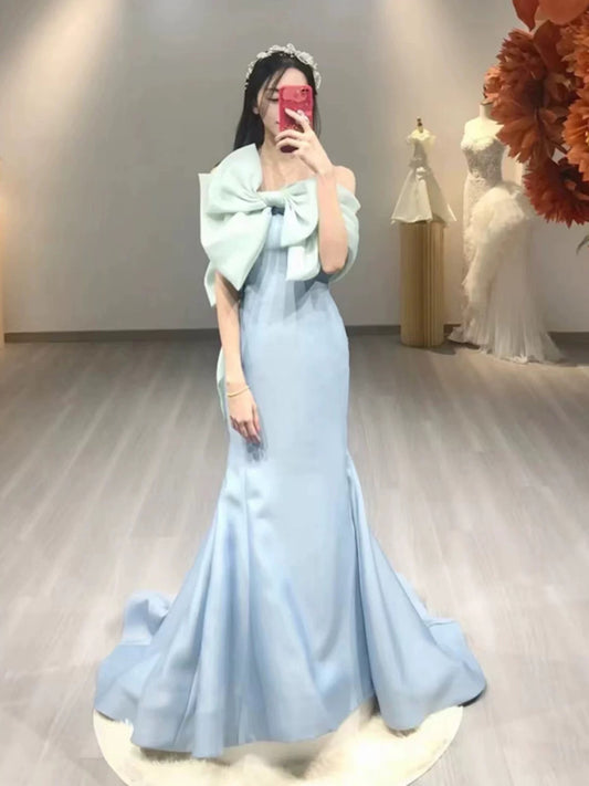 Pretty Mermaid Strapless Blue Satin Long Prom Dress Evening Dresses With Bow C3253