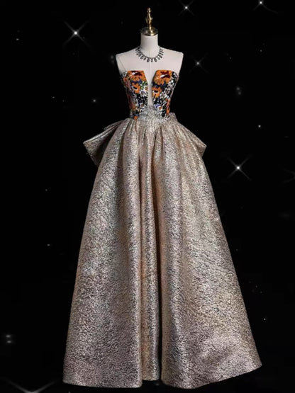 Pretty Ball Gown Strapless Floral Satin Long Prom Dress Evening Dresses With Bowknot CC3253