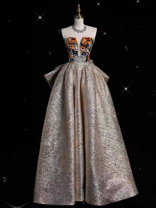 Pretty Ball Gown Strapless Floral Satin Long Prom Dress Evening Dresses With Bowknot CC3253