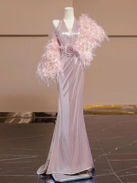 Elegant Sheath V Neckline Pink Sequin Long Prom Dress Evening Dresses With Flowers C3254