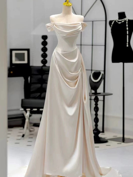 Chic Mermaid Strapless Short Sleeves White Satin Wedding Dresses With Ruffles C3255