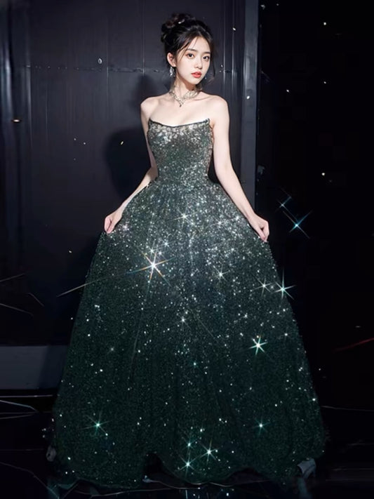 Elegant A line Strapless Green Sequin Long Prom Dress Evening Dresses C3257
