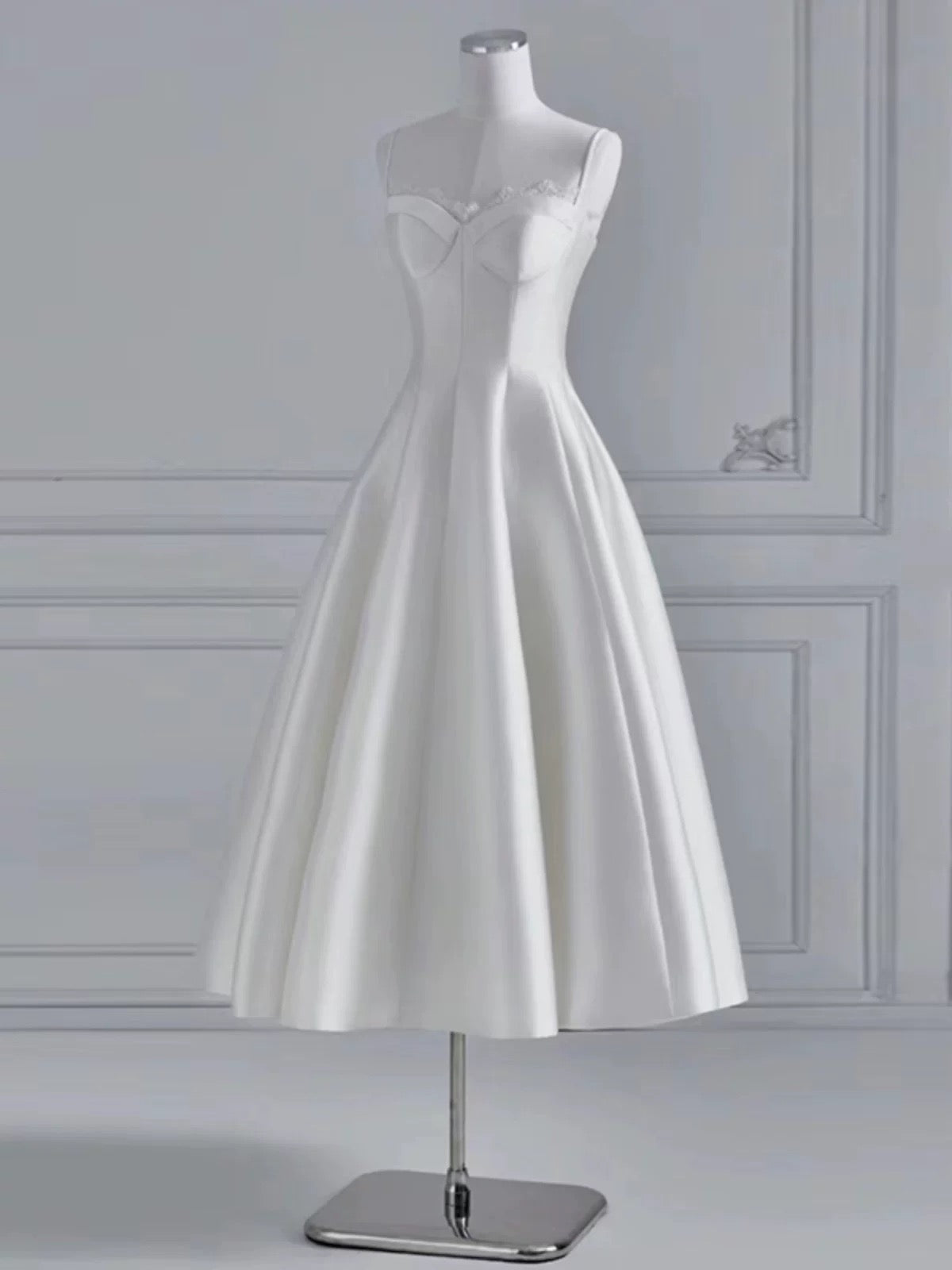 Chic A line Spaghetti Straps Tea Length White Satin Wedding Dresses With Lace C3256