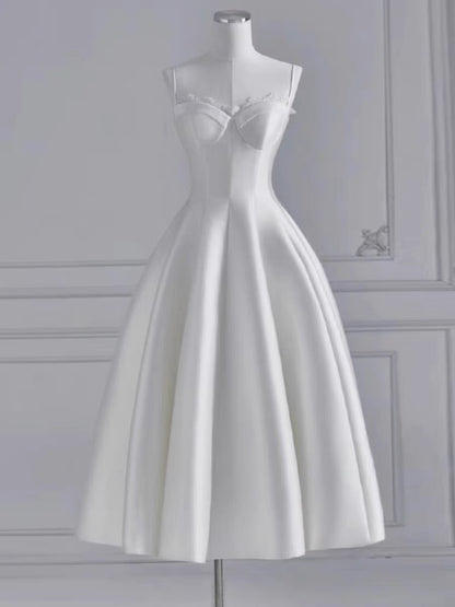 Chic A line Spaghetti Straps Tea Length White Satin Wedding Dresses With Lace C3256