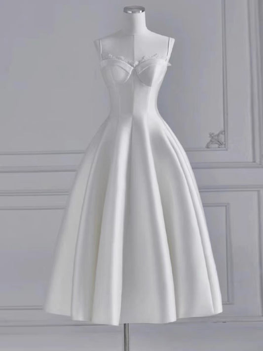 Chic A line Spaghetti Straps Tea Length White Satin Wedding Dresses With Lace C3256