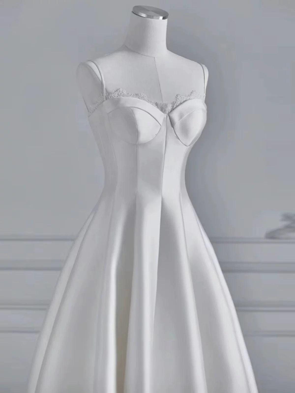 Chic A line Spaghetti Straps Tea Length White Satin Wedding Dresses With Lace C3256
