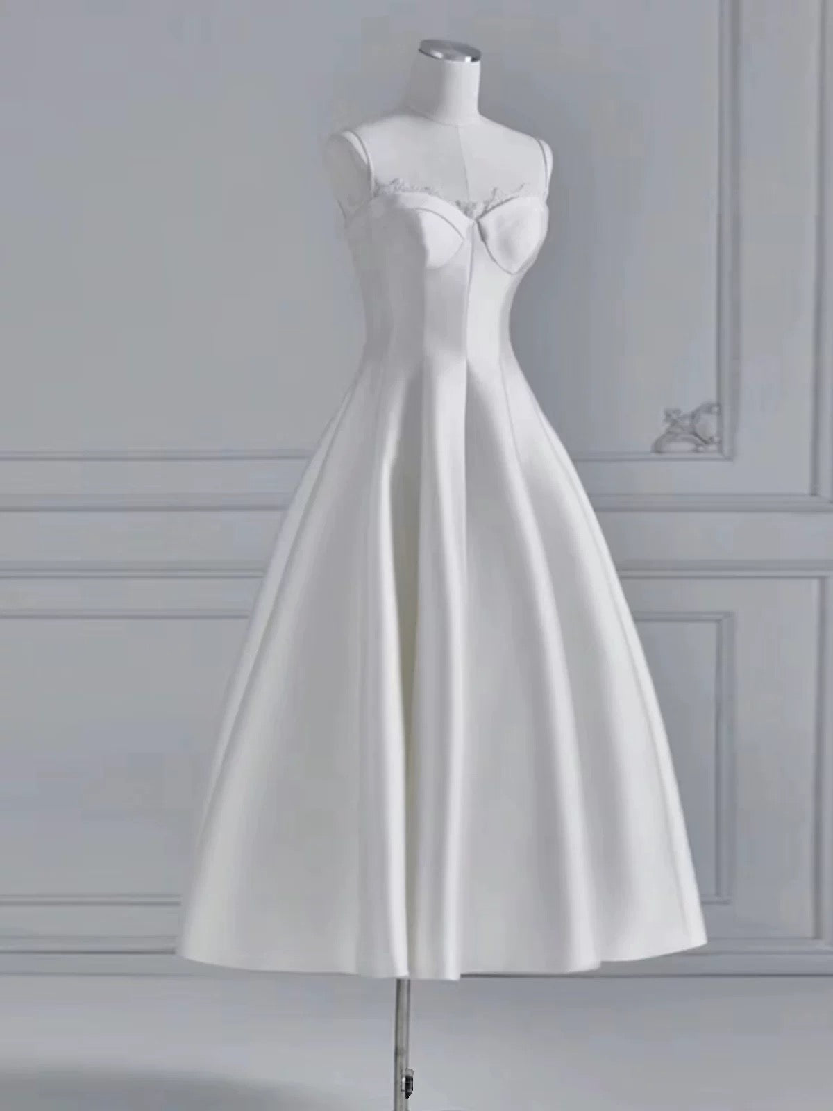 Chic A line Spaghetti Straps Tea Length White Satin Wedding Dresses With Lace C3256