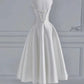 Chic A line Spaghetti Straps Tea Length White Satin Wedding Dresses With Lace C3256