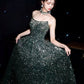 Elegant A line Strapless Green Sequin Long Prom Dress Evening Dresses C3257