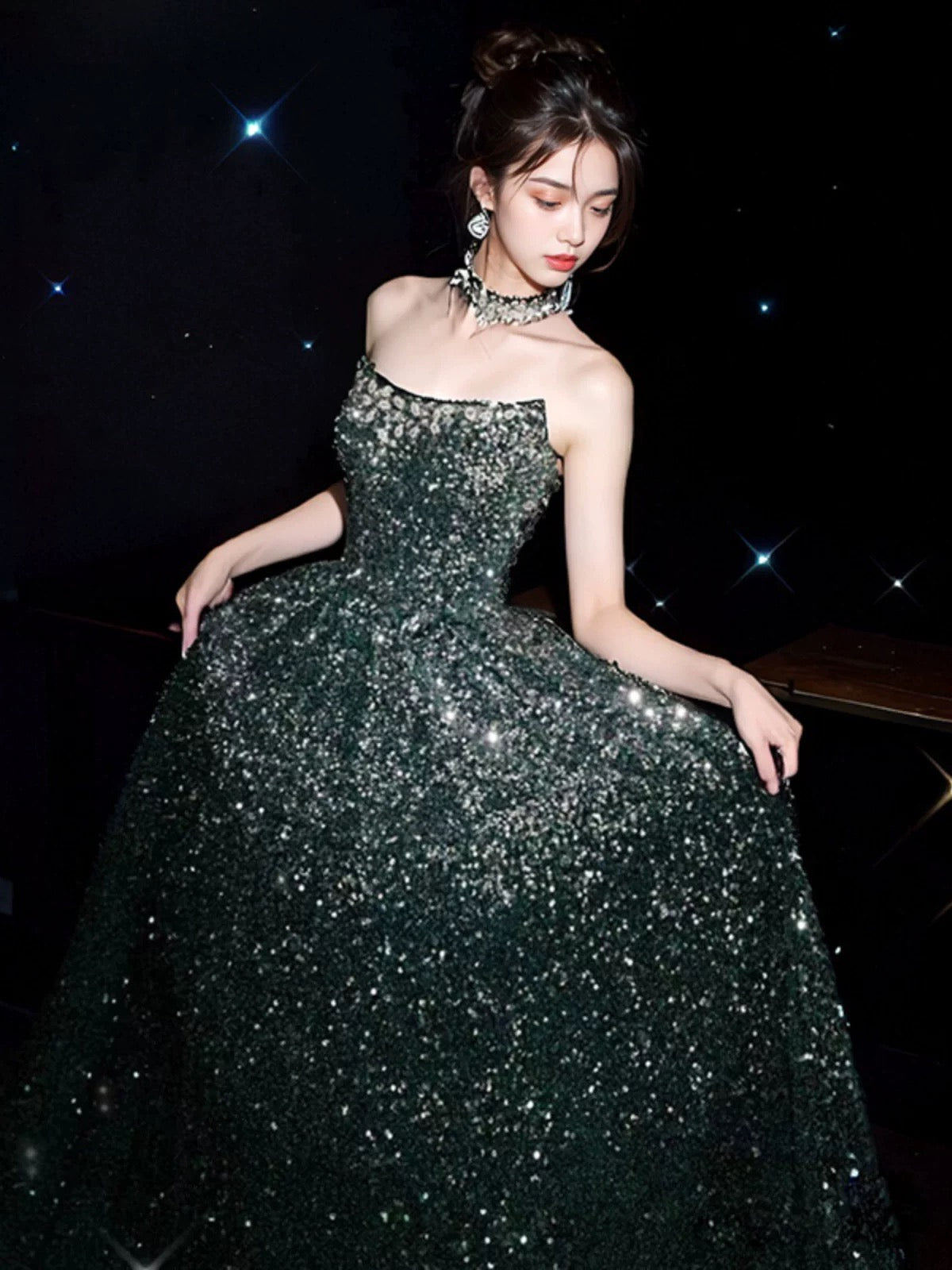 Elegant A line Strapless Green Sequin Long Prom Dress Evening Dresses C3257
