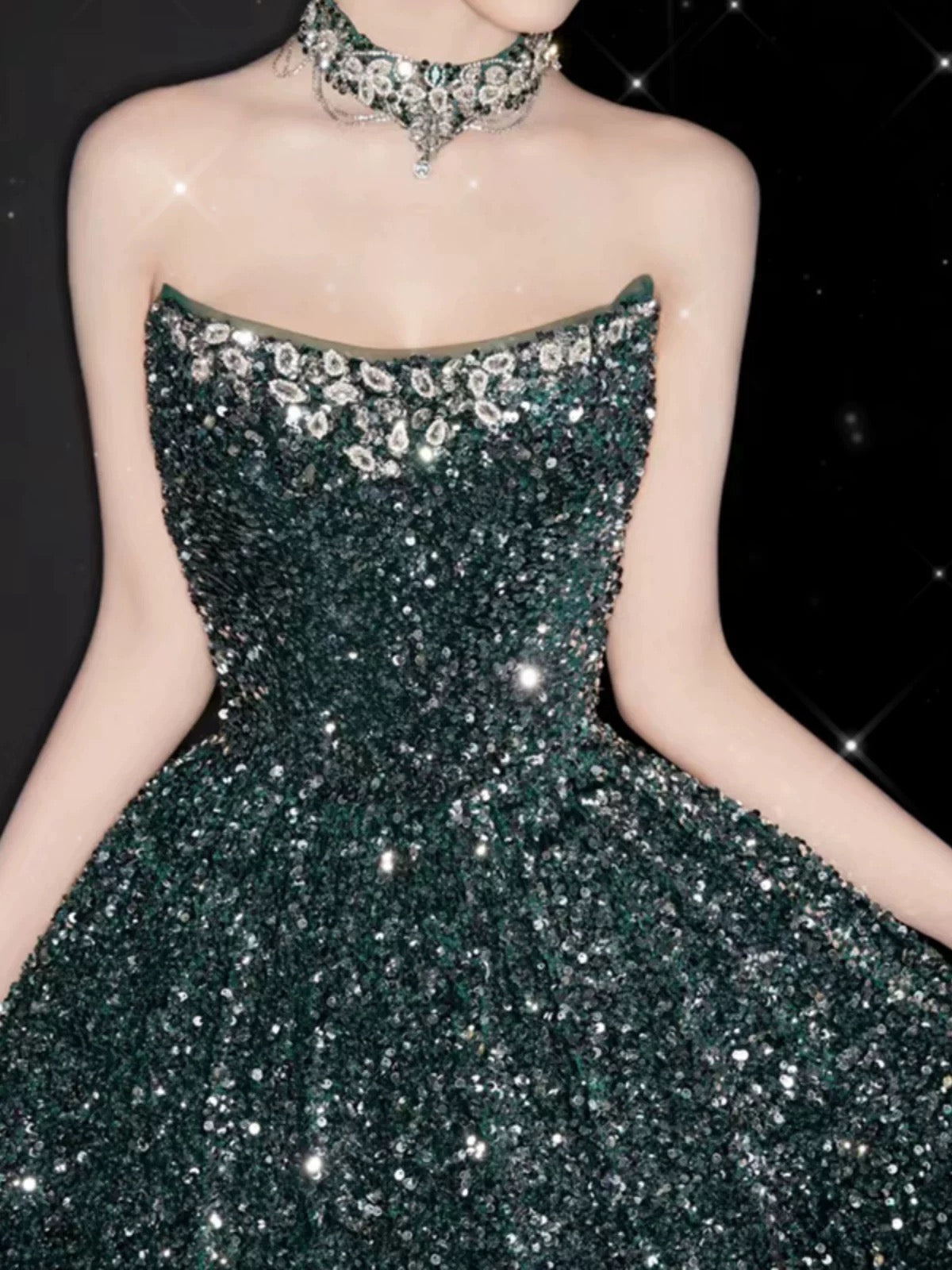 Elegant A line Strapless Green Sequin Long Prom Dress Evening Dresses C3257