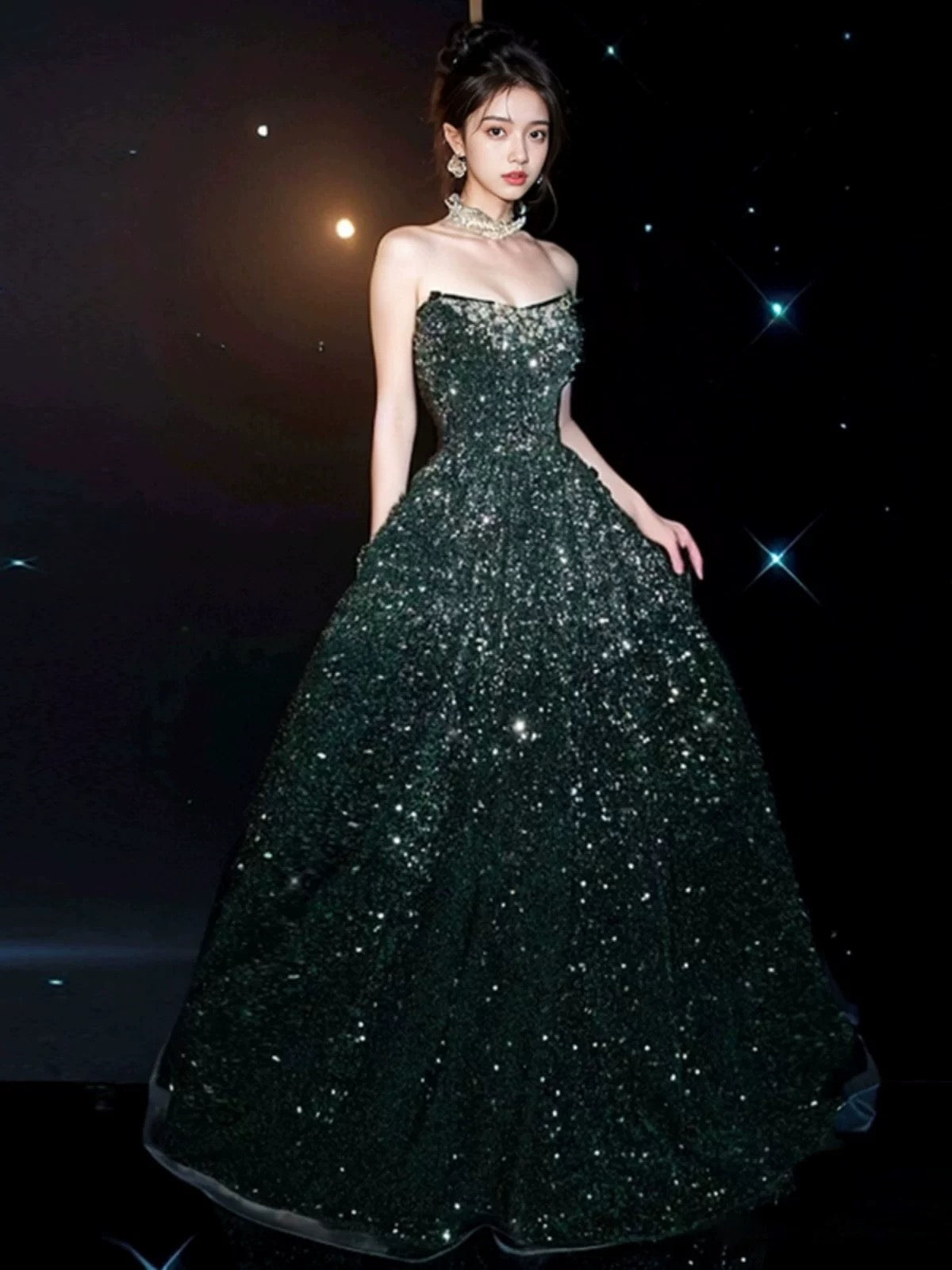 Elegant A line Strapless Green Sequin Long Prom Dress Evening Dresses C3257