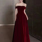 Elegant A line Off The Shoulder Burgundy Velvet Long Prom Dress Evening Dresses C3258