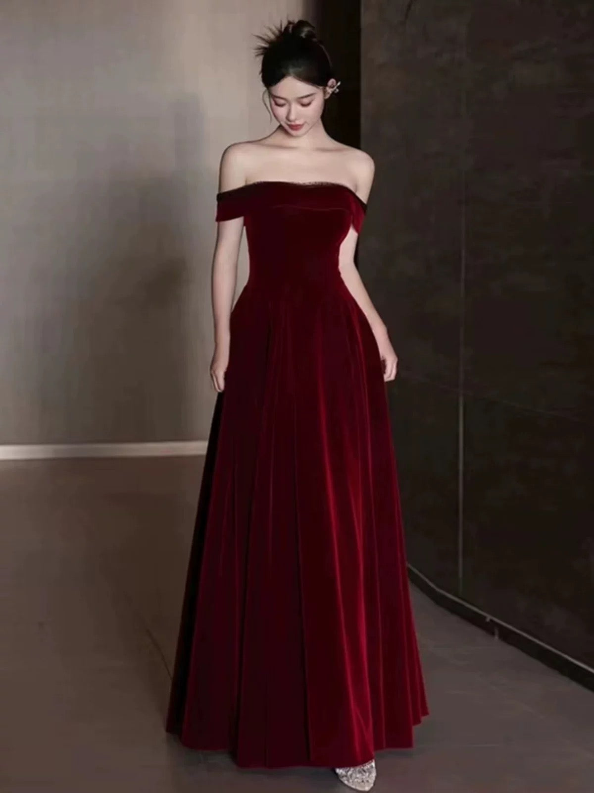 Elegant A line Off The Shoulder Burgundy Velvet Long Prom Dress Evening Dresses C3258