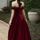 Elegant A line Off The Shoulder Burgundy Velvet Long Prom Dress Evening Dresses C3258