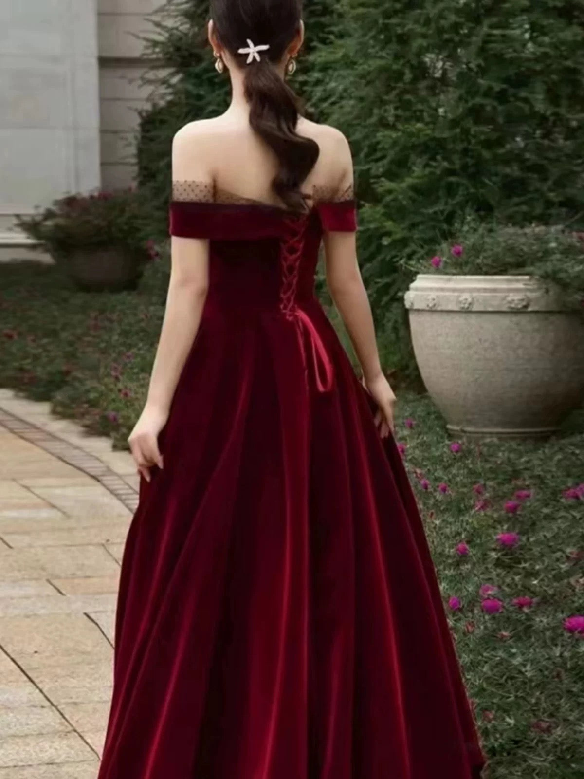 Elegant A line Off The Shoulder Burgundy Velvet Long Prom Dress Evening Dresses C3258
