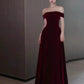 Elegant A line Off The Shoulder Burgundy Velvet Long Prom Dress Evening Dresses C3258