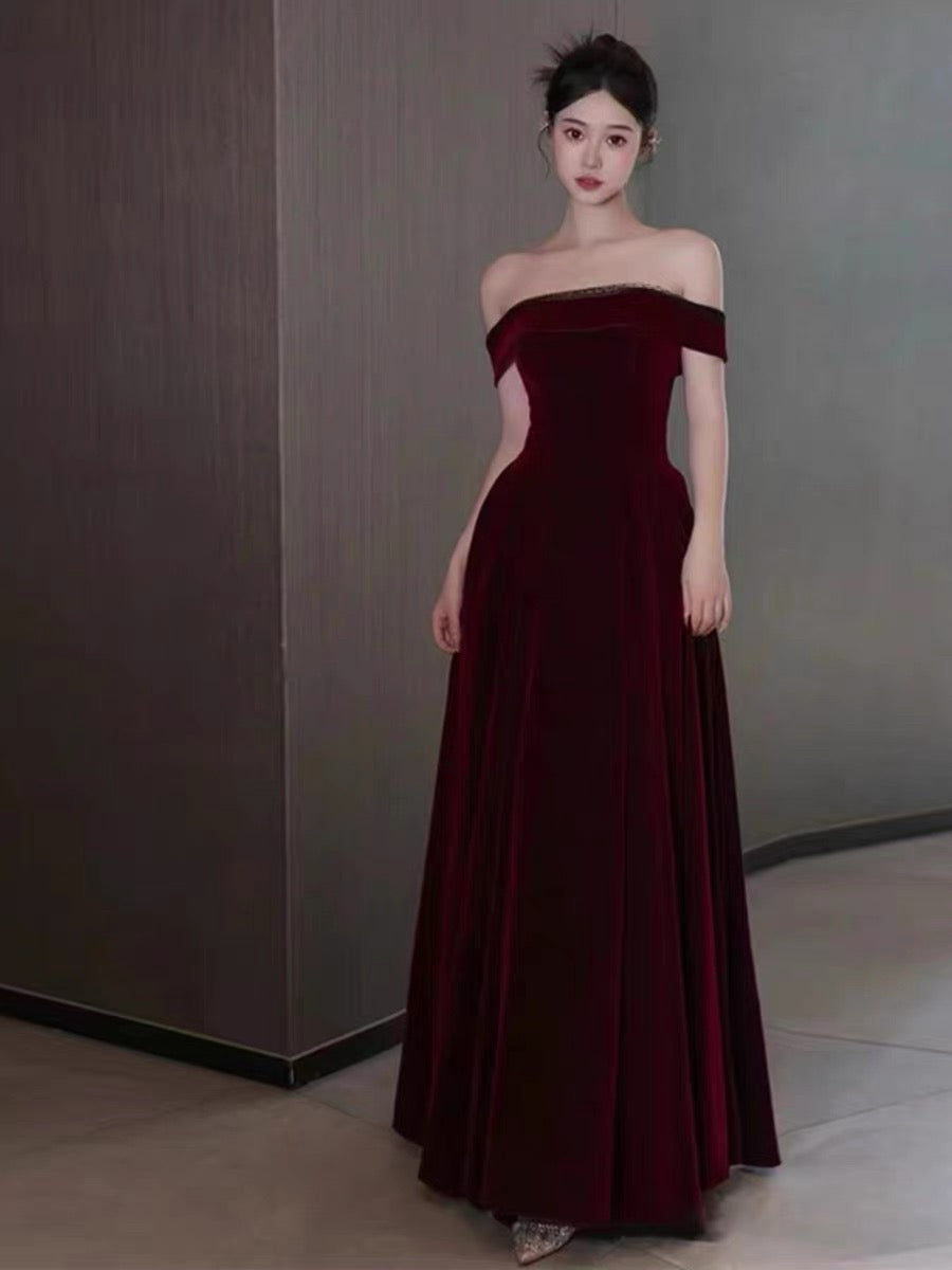 Elegant A line Off The Shoulder Burgundy Velvet Long Prom Dress Evening Dresses C3258