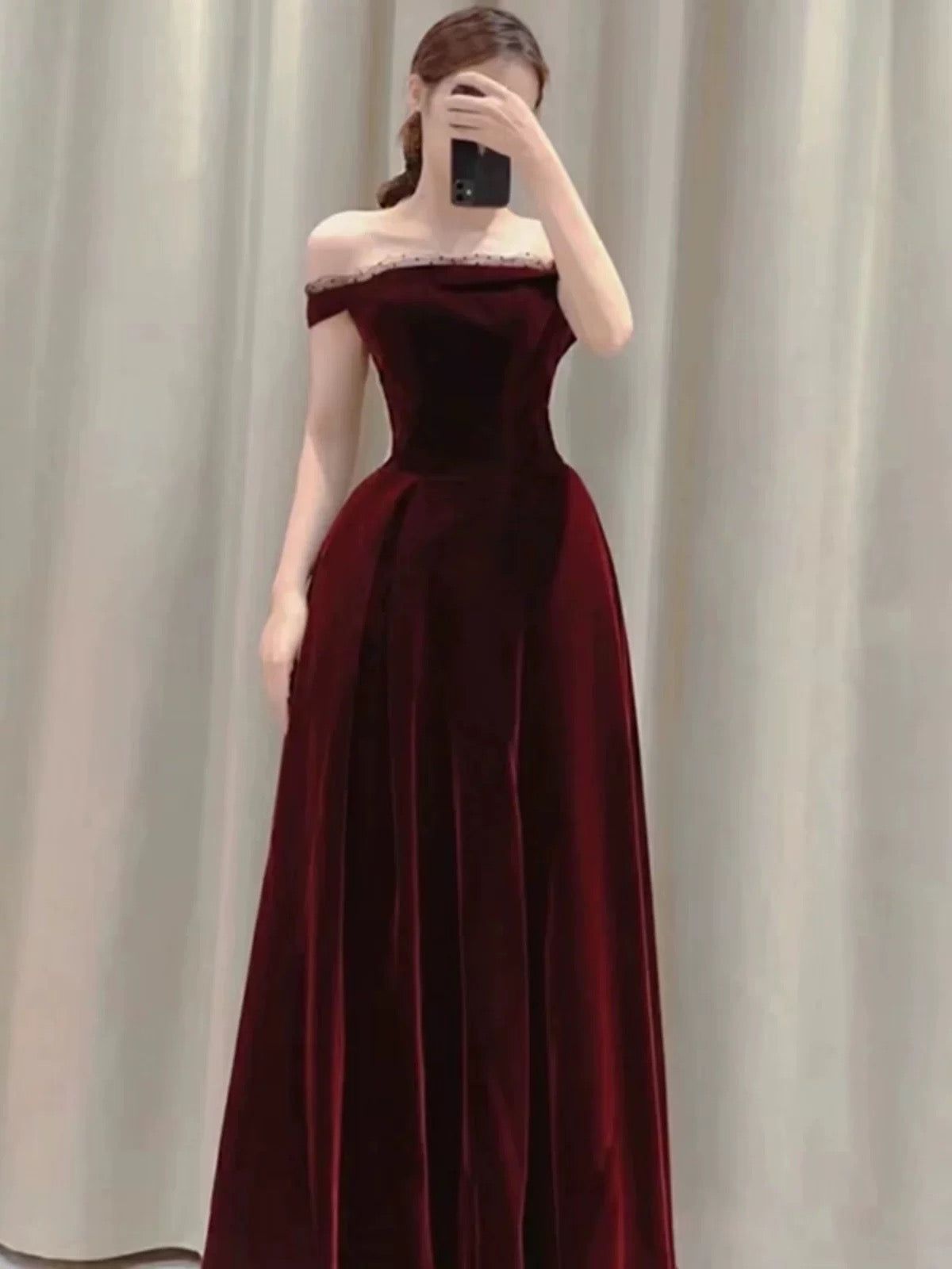 Elegant A line Off The Shoulder Burgundy Velvet Long Prom Dress Evening Dresses C3258