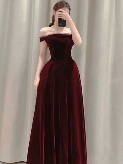 Elegant A line Off The Shoulder Burgundy Velvet Long Prom Dress Evening Dresses C3258