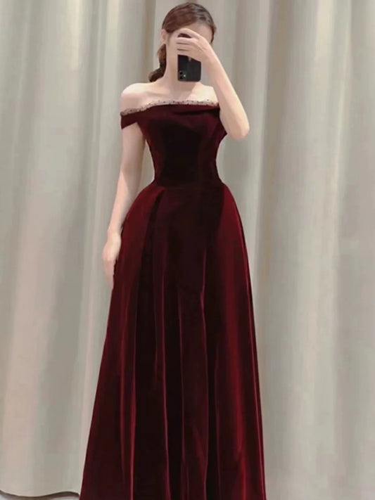 Elegant A line Off The Shoulder Burgundy Velvet Long Prom Dress Evening Dresses C3258