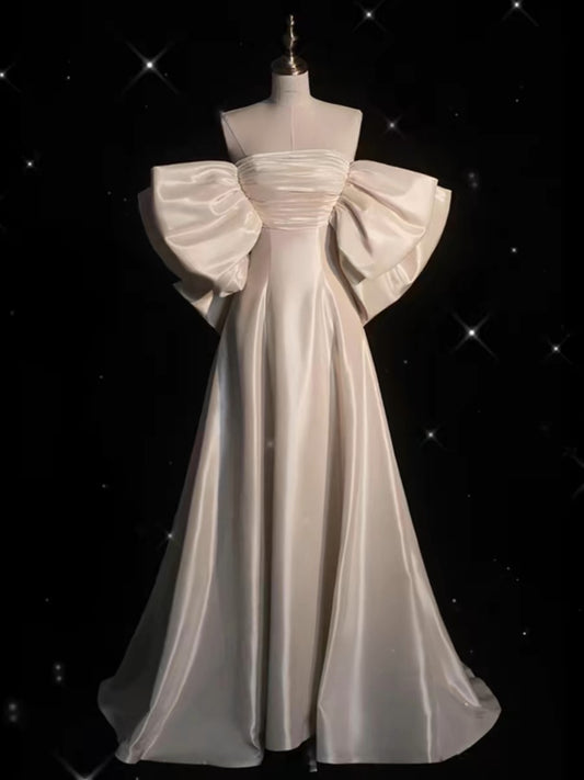 Chic A line Off The Shoulder Half Sleeves Satin Wedding Dresses With Ruffles C3259