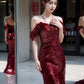 Elegant Mermaid Off The Shoulder Burgundy Sequin Long Prom Dress Evening Dresses C3260