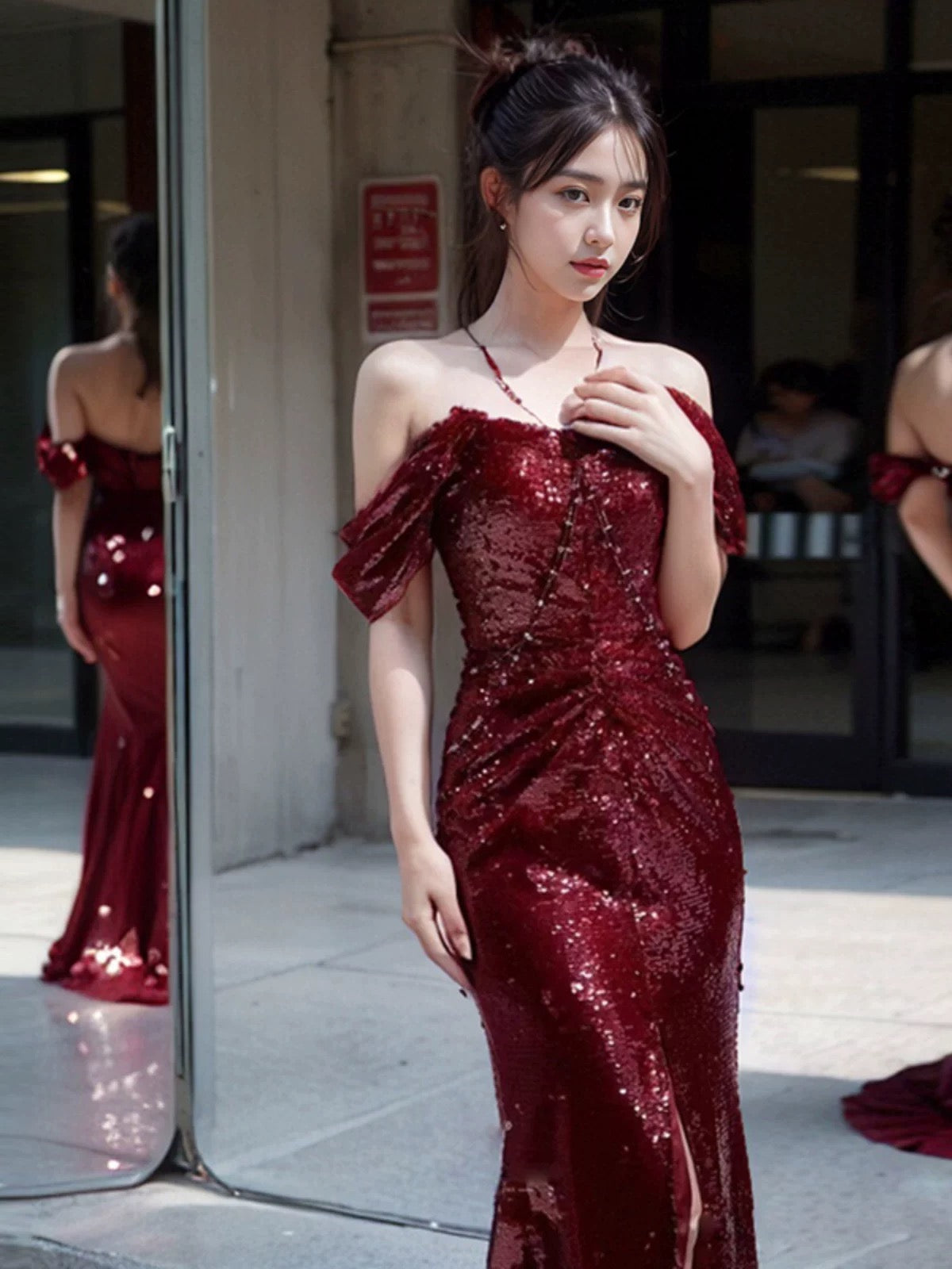 Elegant Mermaid Off The Shoulder Burgundy Sequin Long Prom Dress Evening Dresses C3260