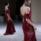 Elegant Mermaid Off The Shoulder Burgundy Sequin Long Prom Dress Evening Dresses C3260