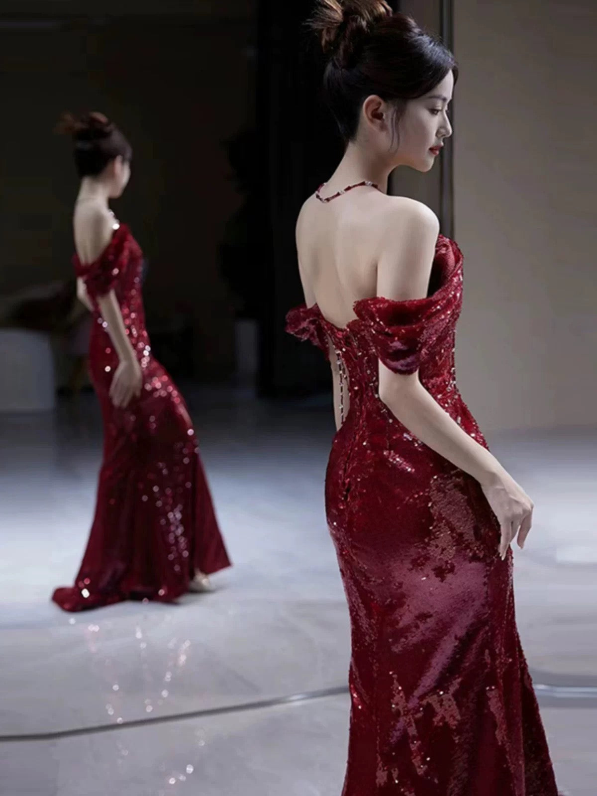 Elegant Mermaid Off The Shoulder Burgundy Sequin Long Prom Dress Evening Dresses C3260