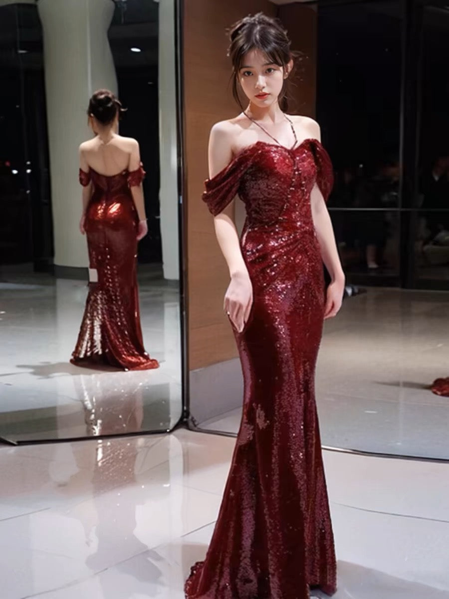 Elegant Mermaid Off The Shoulder Burgundy Sequin Long Prom Dress Evening Dresses C3260
