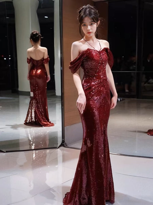 Elegant Mermaid Off The Shoulder Burgundy Sequin Long Prom Dress Evening Dresses C3260