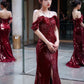 Elegant Mermaid Off The Shoulder Burgundy Sequin Long Prom Dress Evening Dresses C3260