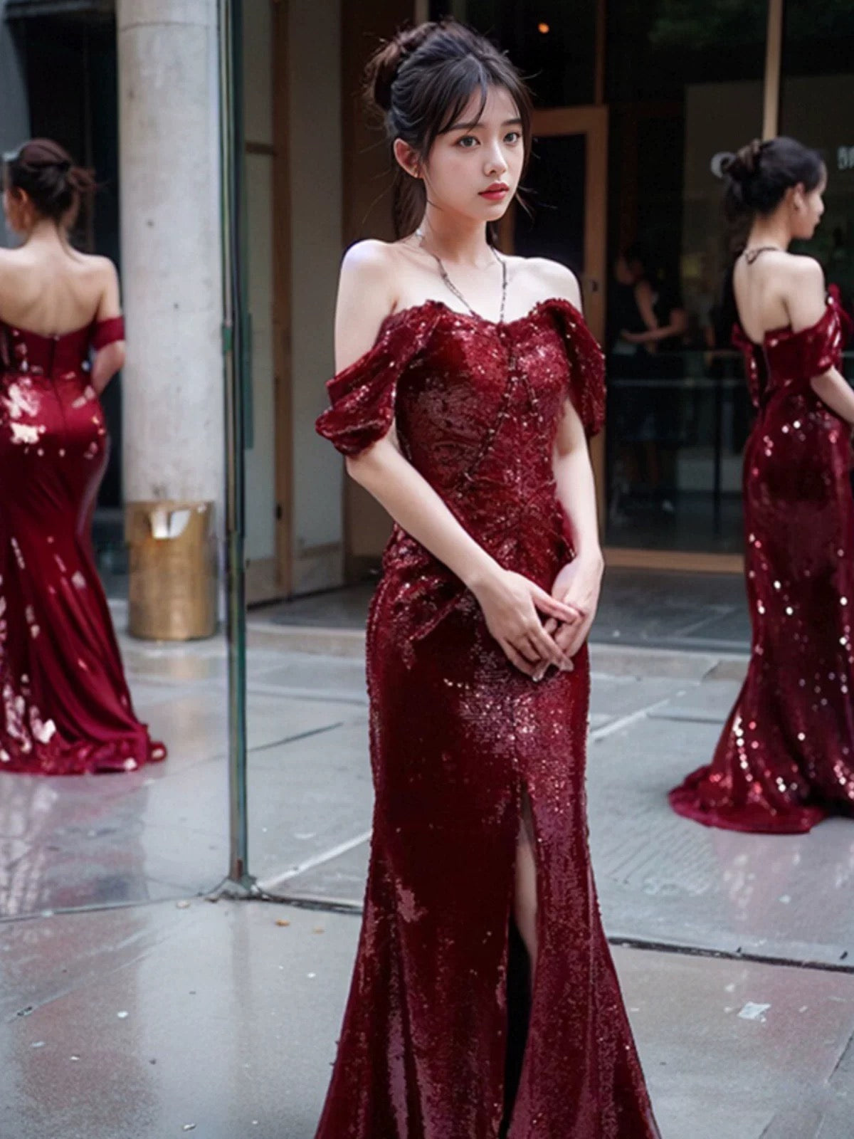 Elegant Mermaid Off The Shoulder Burgundy Sequin Long Prom Dress Evening Dresses C3260