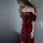 Elegant Mermaid Off The Shoulder Burgundy Sequin Long Prom Dress Evening Dresses C3260