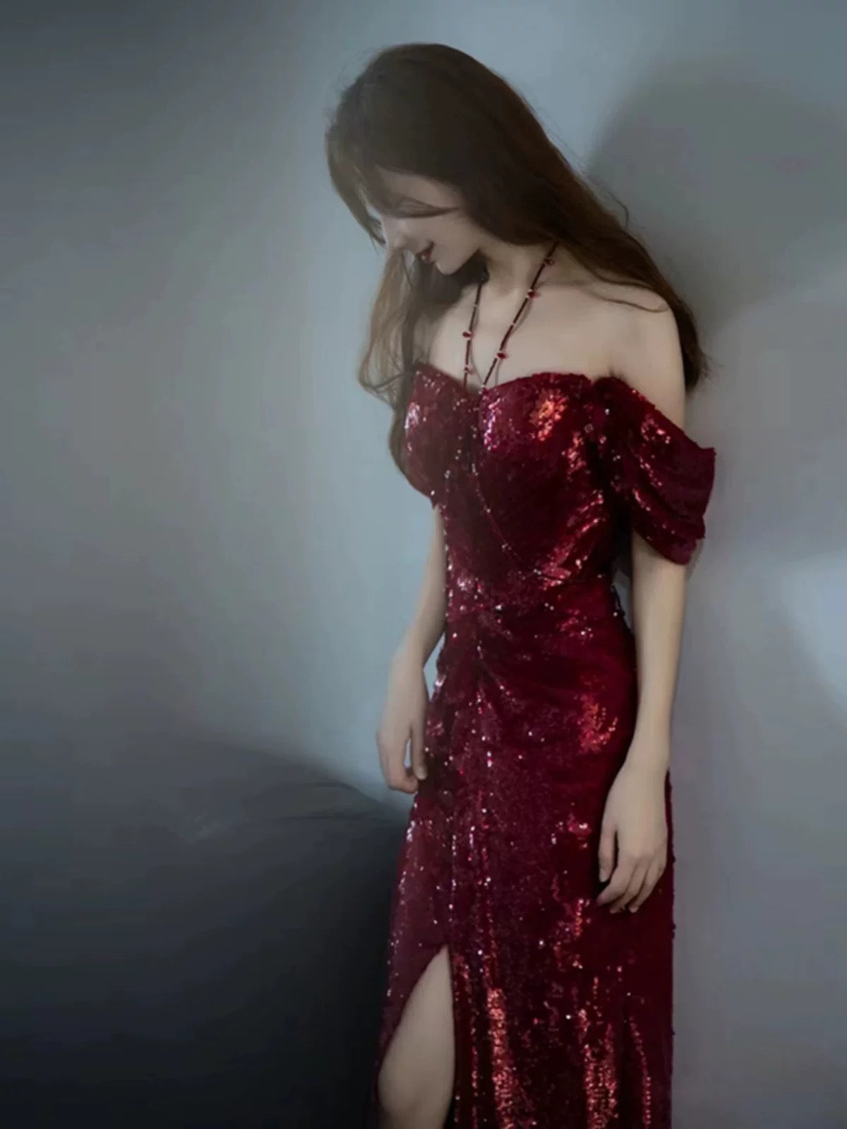 Elegant Mermaid Off The Shoulder Burgundy Sequin Long Prom Dress Evening Dresses C3260