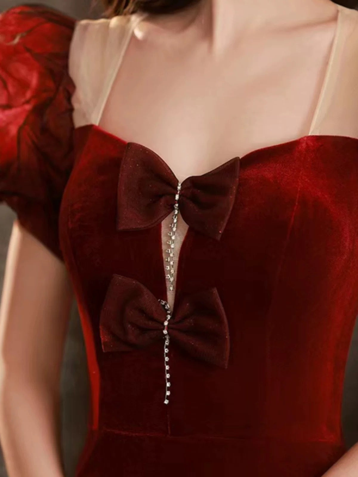 Elegant Mermaid Sweetheart Burgundy Short Sleeves Long Prom Dress Evening Dresses C3261