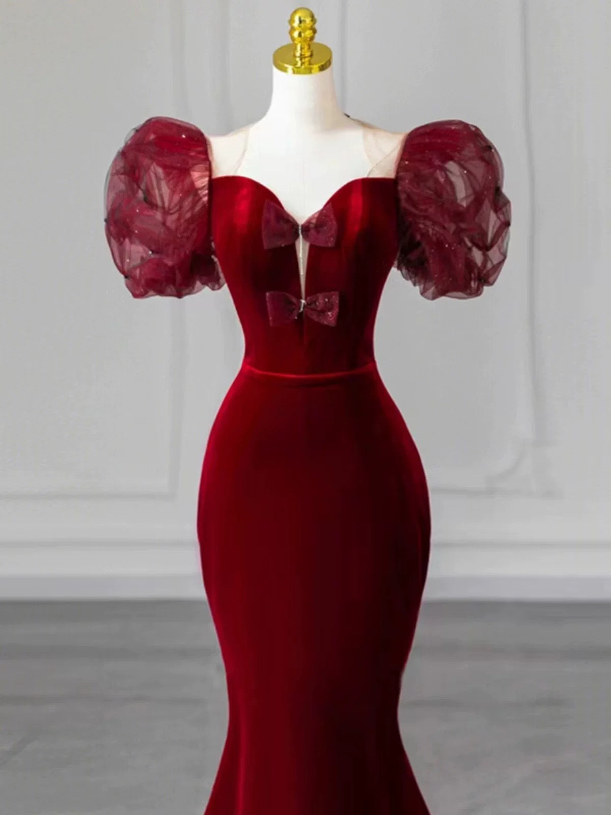 Elegant Mermaid Sweetheart Burgundy Short Sleeves Long Prom Dress Evening Dresses C3261