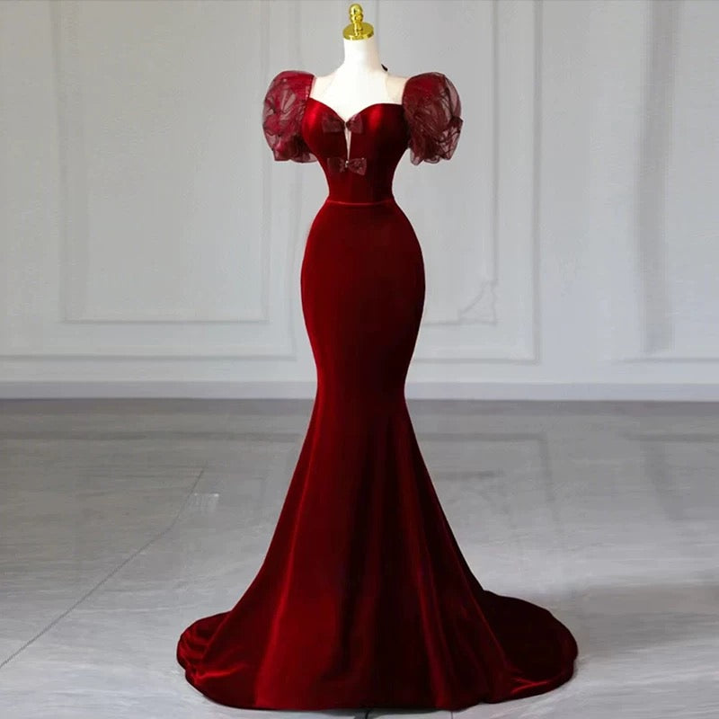 Elegant Mermaid Sweetheart Burgundy Short Sleeves Long Prom Dress Evening Dresses C3261