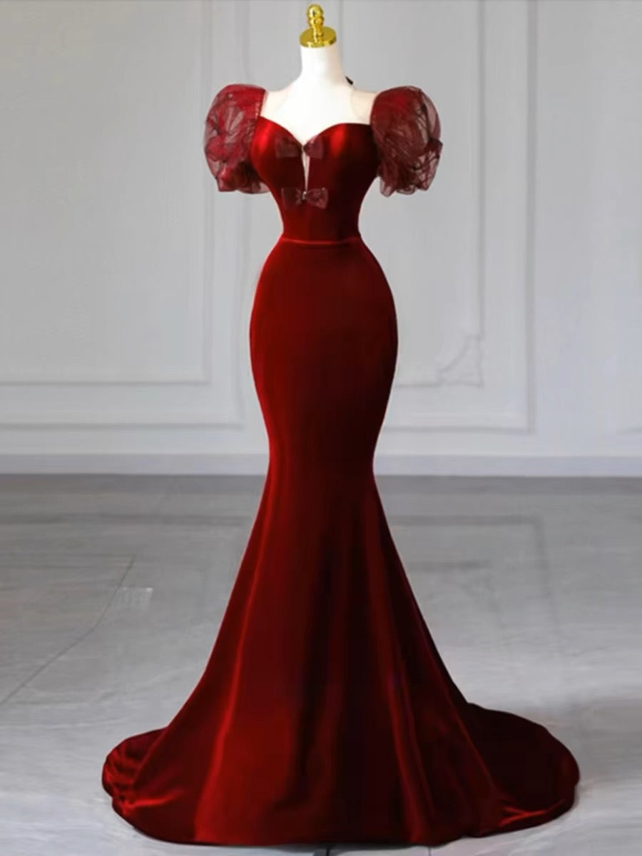 Elegant Mermaid Sweetheart Burgundy Short Sleeves Long Prom Dress Evening Dresses C3261