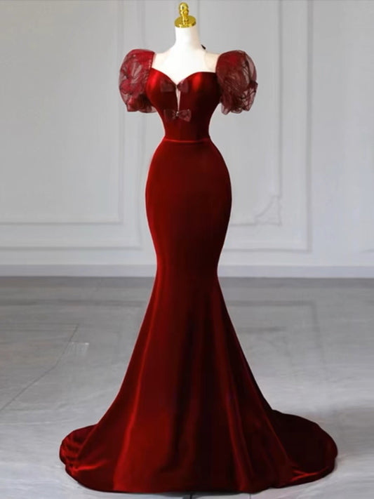 Elegant Mermaid Sweetheart Burgundy Short Sleeves Long Prom Dress Evening Dresses C3261