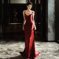 Sexy Mermaid Spaghetti Straps Burgundy Satin Prom Dresses Evening Dress With Beads C3262