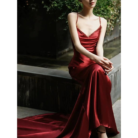 Sexy Mermaid Spaghetti Straps Burgundy Satin Prom Dresses Evening Dress With Beads C3262