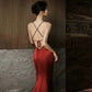 Sexy Mermaid Spaghetti Straps Burgundy Satin Prom Dresses Evening Dress With Beads C3262