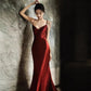 Sexy Mermaid Spaghetti Straps Burgundy Satin Prom Dresses Evening Dress With Beads C3262
