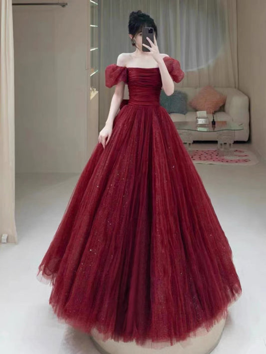 Elegant Ball Gown Sweetheart Burgundy Short Sleeves Long Prom Dress Evening Dresses C3263